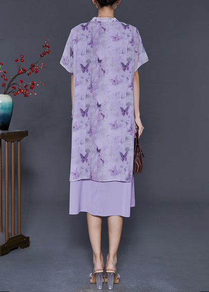 Purple Butterfly Chinese Button Chiffon Fake Two Piece Dresses Summer