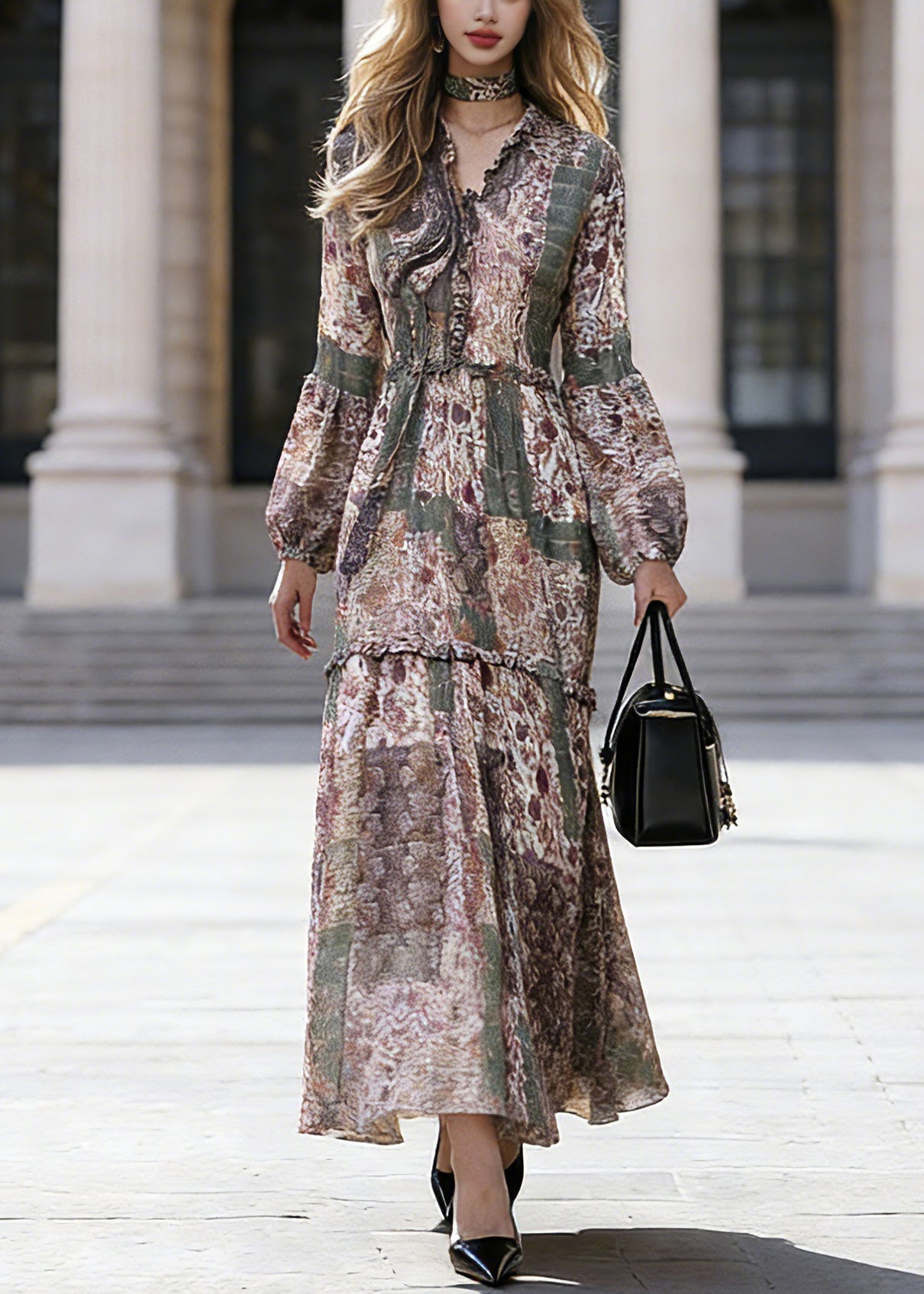 Green Ruffled Patchwork Chiffon Vacation Maxi Dresses Spring