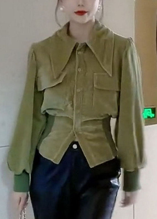 Green Peter Pan Collar Patchwork Velour Shirt Tops Long Sleeve