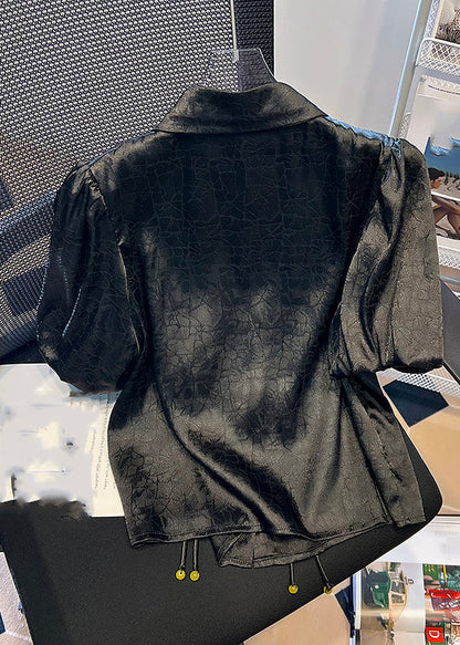 Black Tassel Button Satin Shirt Puff Sleeve