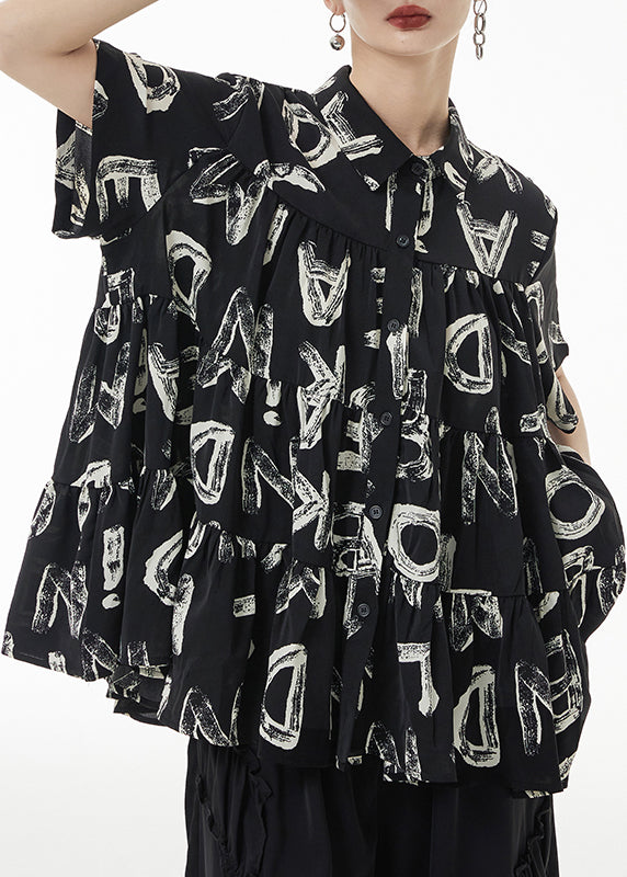 Black Print Wrinkled Patchwork Silk Shirt Short Sleeve