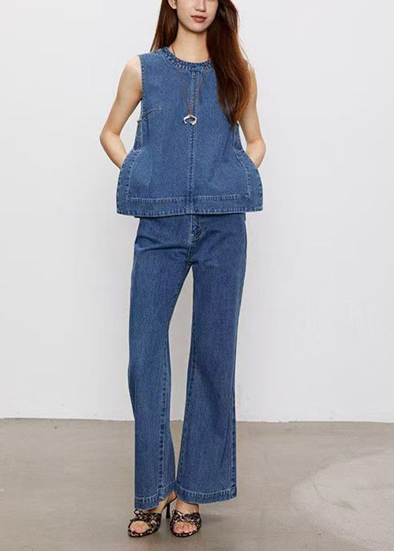 Blue Patchwork Denim Top and Jeans Two Pieces Set Sleeveless