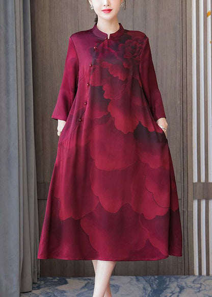 Red Stand Collar Print Silk Robe Dresses Bracelet Sleeve Spring