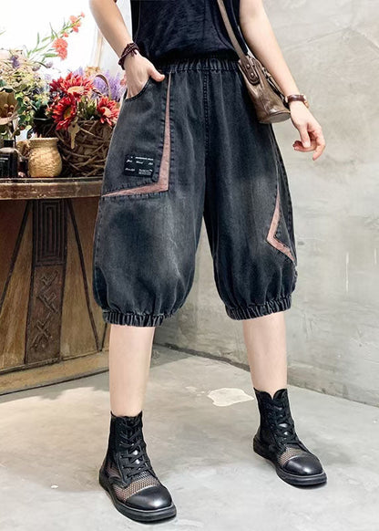 Black Grey Elastic Waist Asymmetrical Applique Cotton Denim Crop Pants Summer