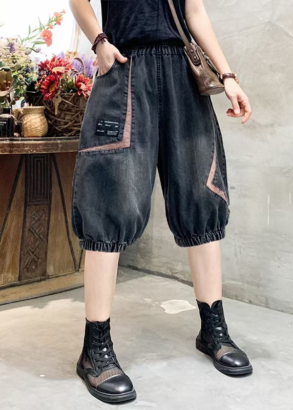 Black Grey Elastic Waist Asymmetrical Applique Cotton Denim Crop Pants Summer