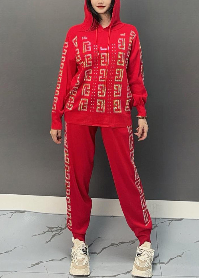Black Print Hooded Top and Beam Pants Two Pieces Set Spring