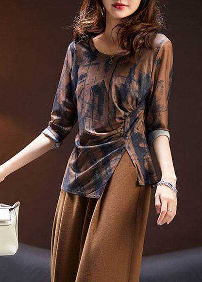 Coffee Print Asymmetrical Wrinkled Top Long Sleeve