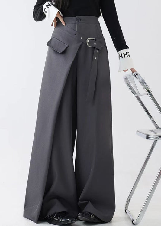 Grey False Two Pieces Spandex Fall Wide Leg Pants Pockets