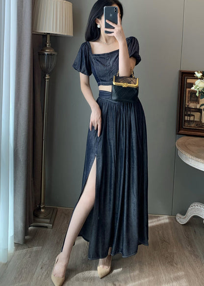 Navy Square Collar Side Open Denim Two-piece Set Summer