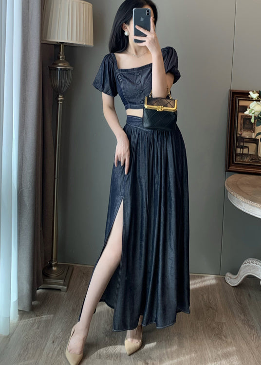 Navy Square Collar Side Open Denim Two-piece Set Summer