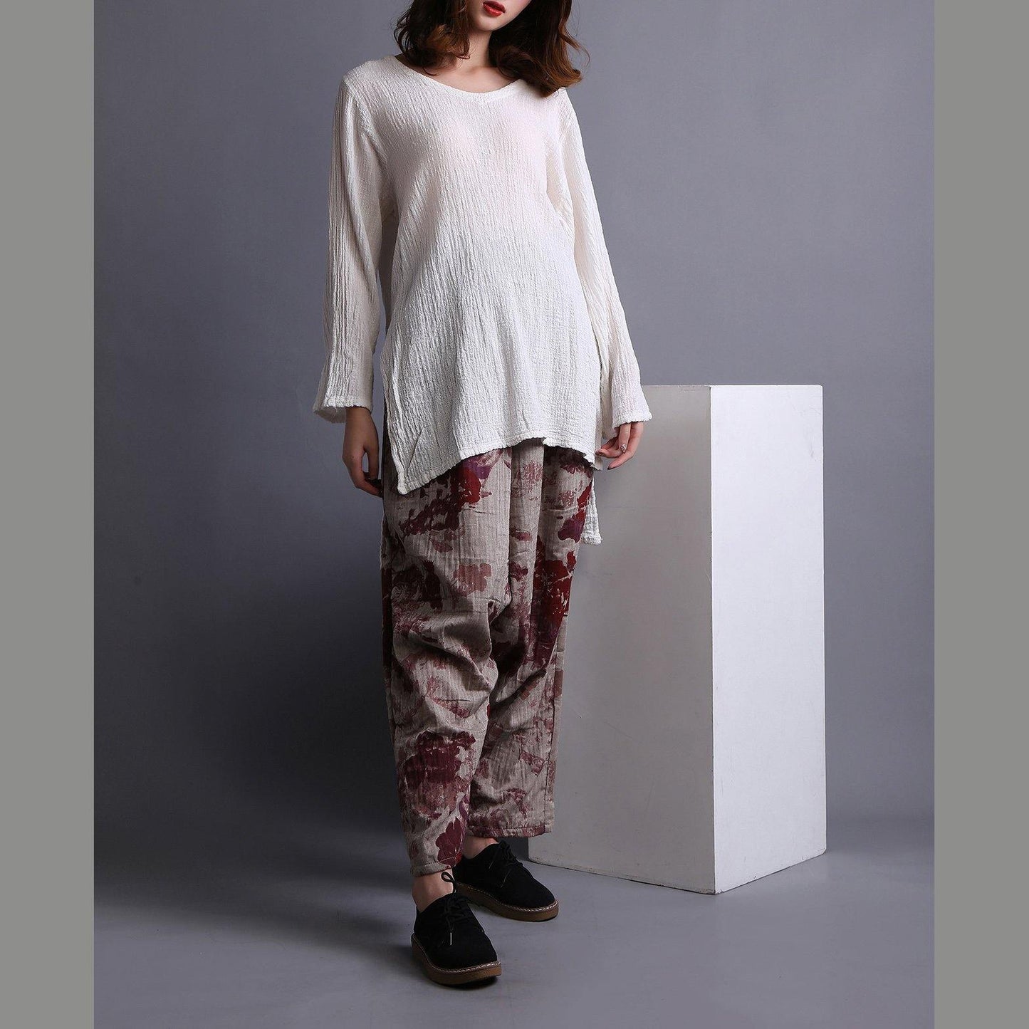 White U Neck Low High Design Linen Shirt Spring