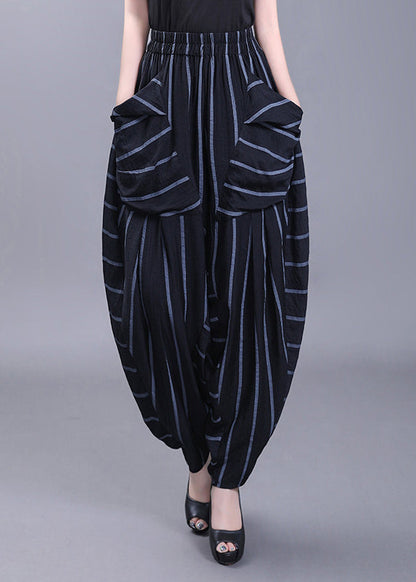 Black Pockets Striped High Waist Cotton Harem Pants Fall