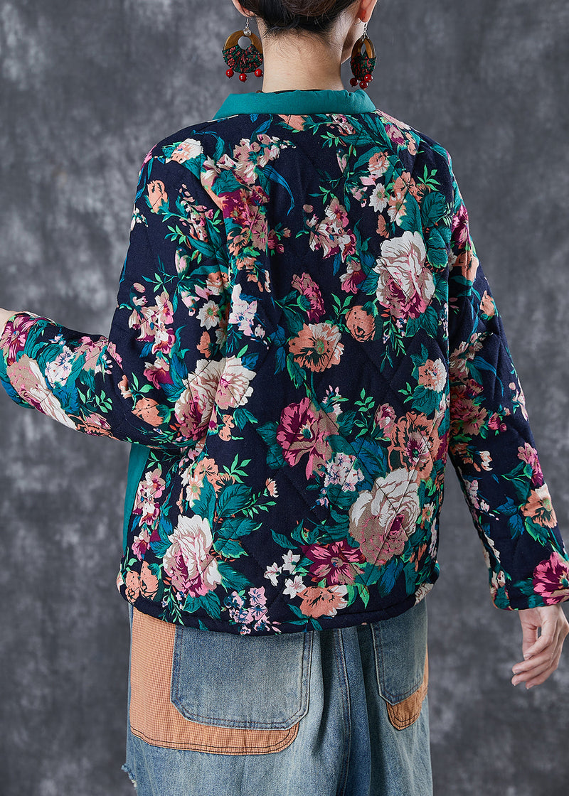 Green Print Patchwork Fine Cotton Filled Coats Winter