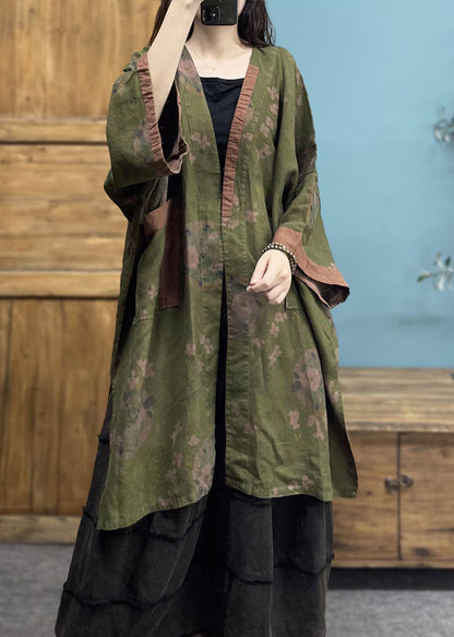 Green V Neck Print Linen Cardigans Spring