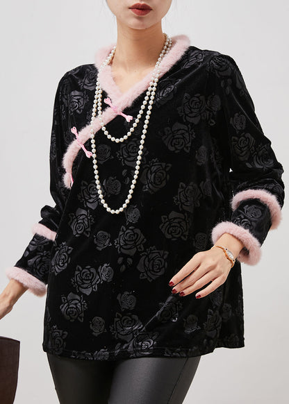 Black Jacquard Patchwork Oriental Silk Velour Shirt Tops Spring