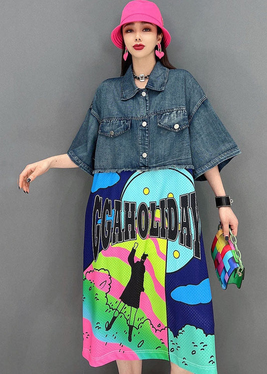 Loose Blue Peter Pan Collar Patchwork Print Cotton Denim Dress Short Sleeve