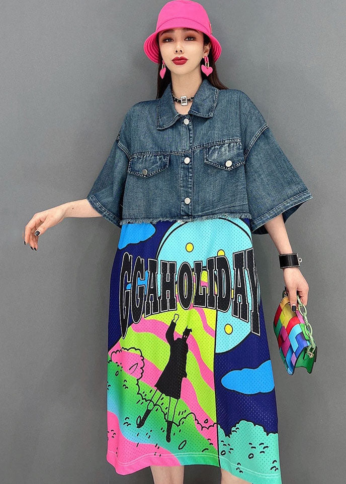 Loose Blue Peter Pan Collar Patchwork Print Cotton Denim Dress Short Sleeve
