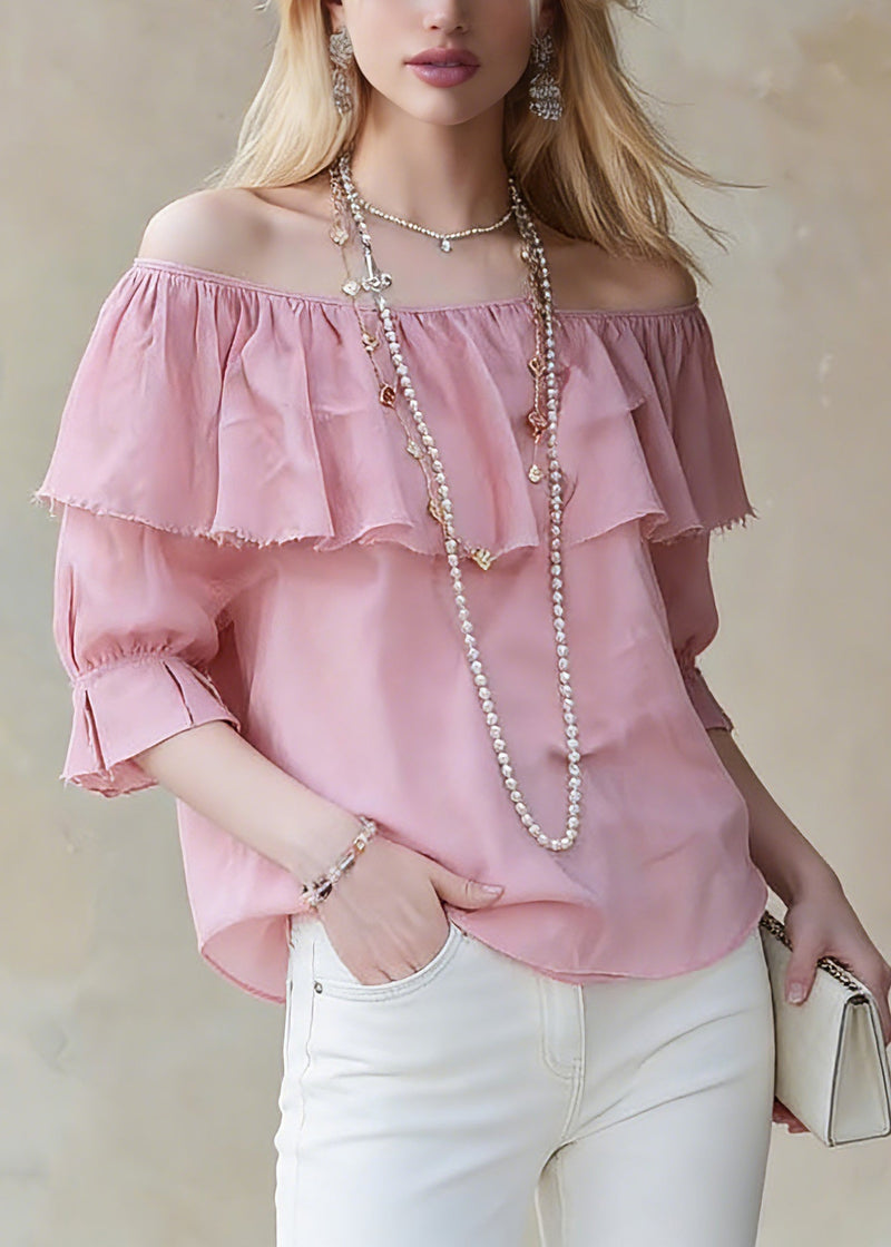 Red Slash Neck Ruffled Patchwork Top Half Sleeve