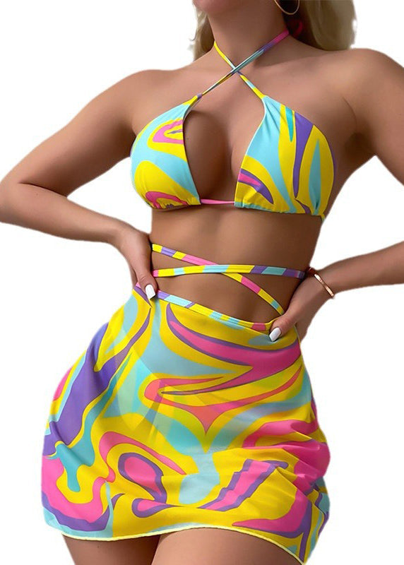 New Printed Cross Lace Up Bikini Swimwear Set
