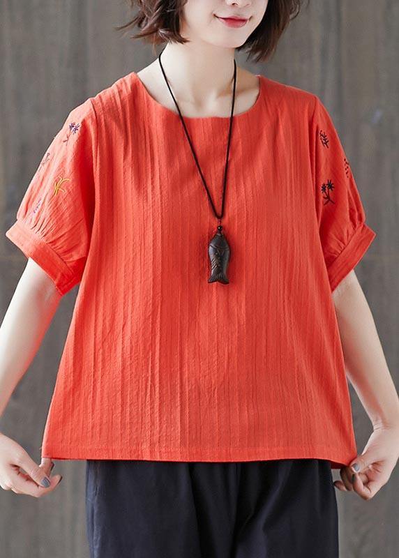 Navy Embroideried Cotton Linen T Shirts Summer