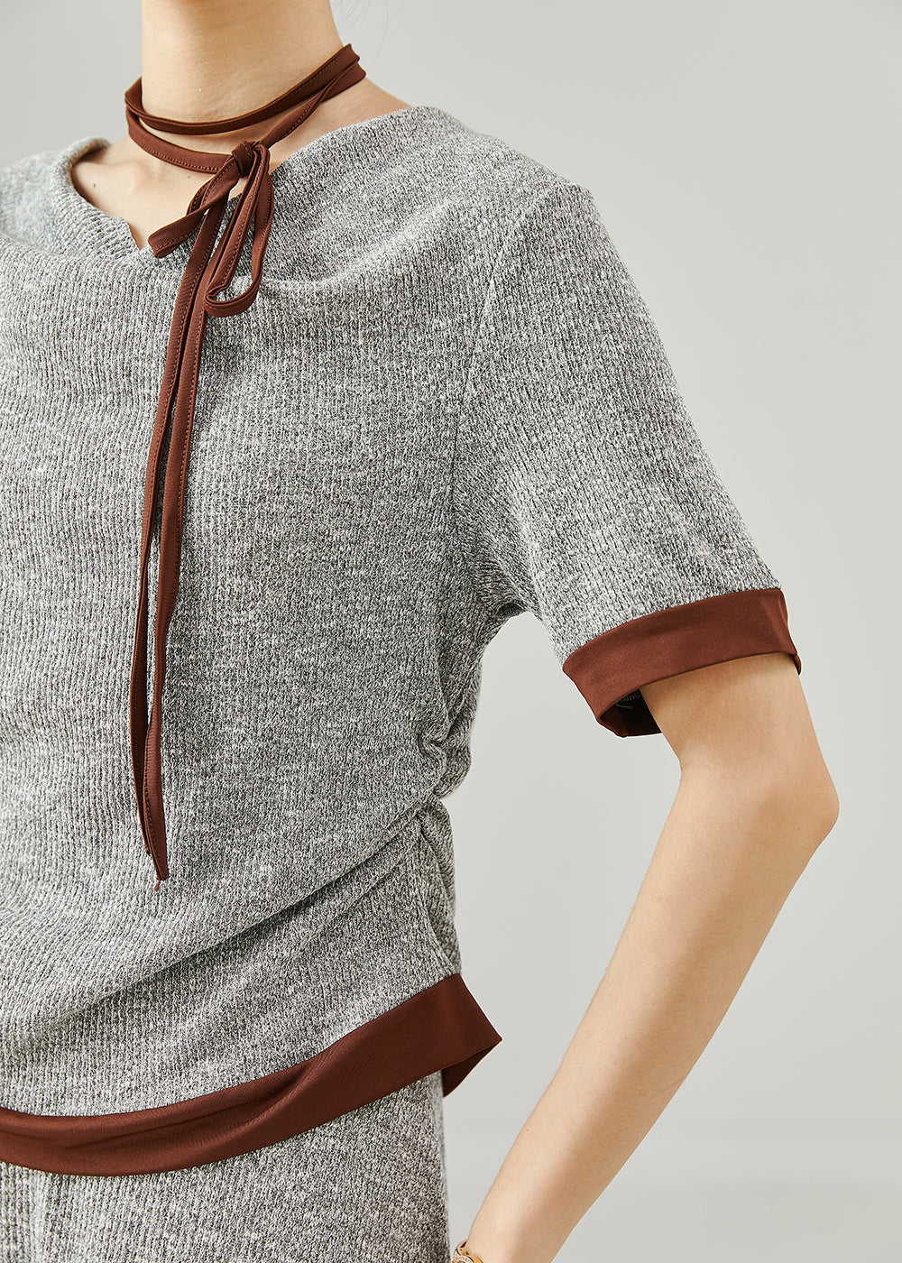 Natural Grey Patchwork Side Open Cotton Two Piece Set Clothing Summer