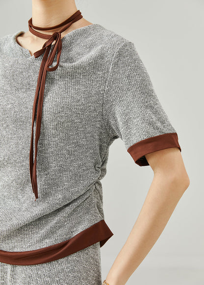 Natural Grey Patchwork Side Open Cotton Two Piece Set Clothing Summer