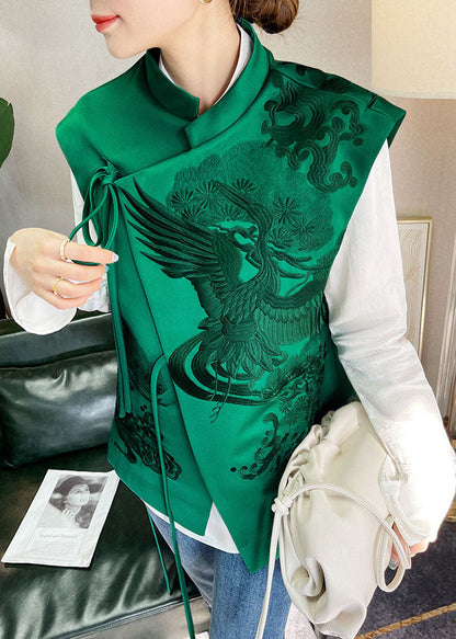 Green Stand Collar Embroideried Lacing Silk Vest Spring