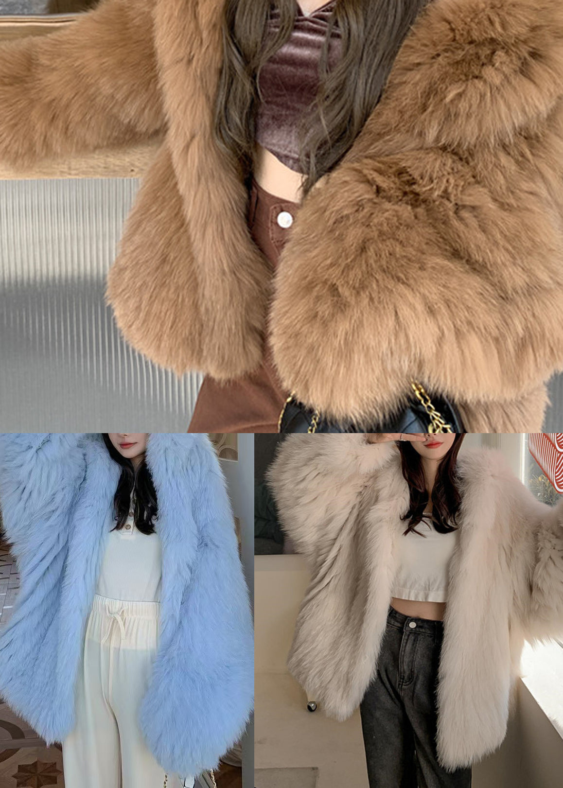 White Hooded Oversized Fox Fur Coats Winter