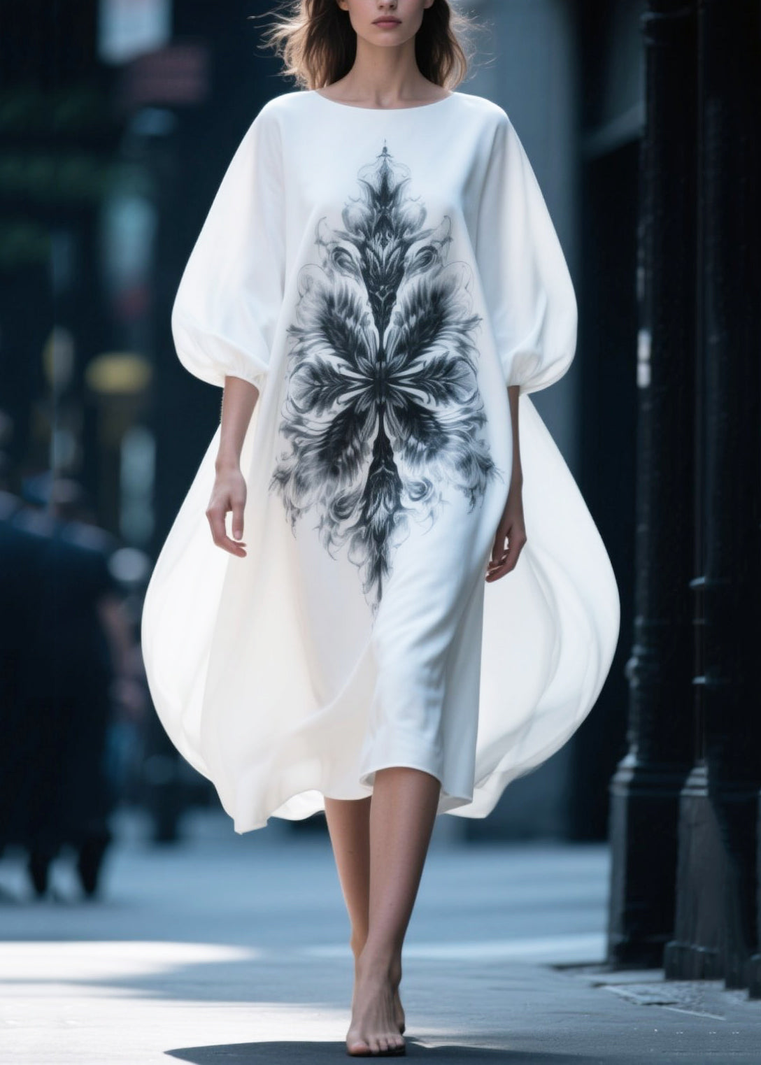 White Oversized Print Chiffon Vacation Dresses Puff Sleeve