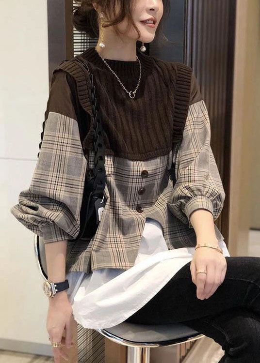 Black Knit Patchwork Plaid Fall Long Sleeve Shirt