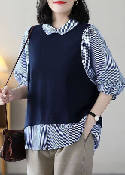 Navy Peter Pan Collar Patchwork Striped Cotton Fake Two Piece Tops Spring