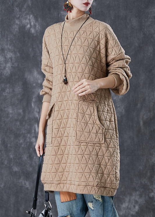 Khaki Stand Collar Pockets Fine Cotton Filled Loose Sweatshirt Dress Winter