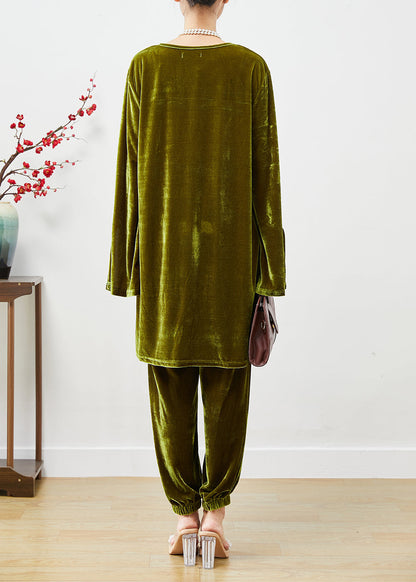 Dull Green Oversized Side Open Silk Velour Two Pieces Set Fall