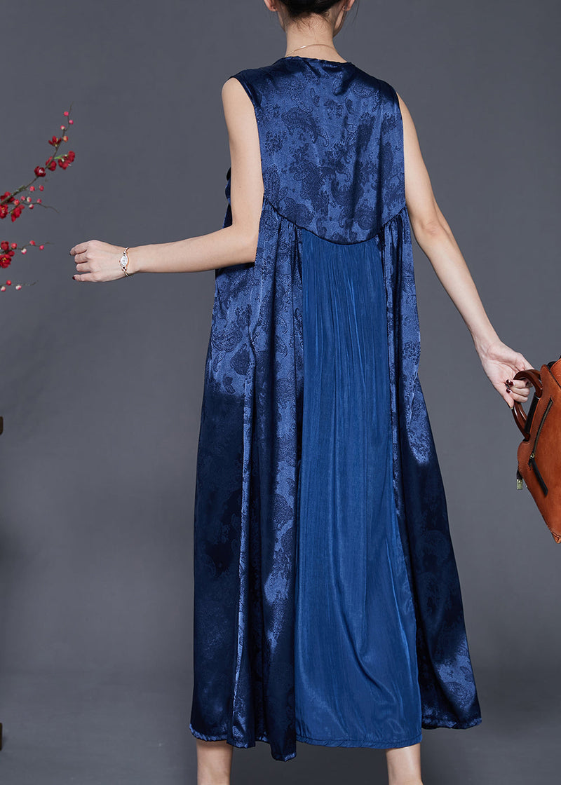 Blue Embroidered Patchwork Silk Dress Sleeveless