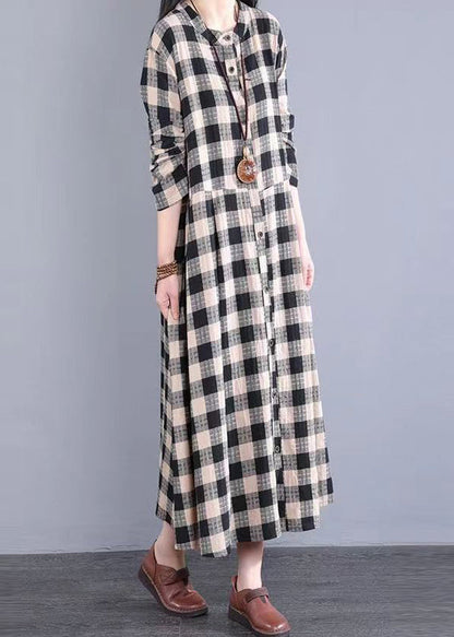 Black Plaid Stand Collar Patchwork Cotton Long Dresses Fall