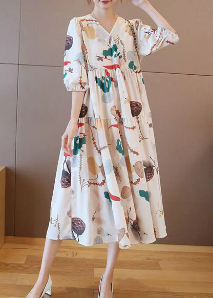 Apricot V Neck Print Cotton Long Dress Half Sleeve