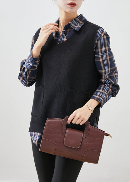 Style Black Plaid Knit Vest and Shirt Two Pieces Set Fall