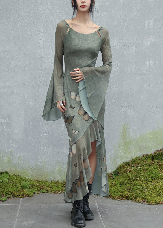 Original Design Green O-neck Butterfly Tulle Maxi Dresses Flare Sleeve