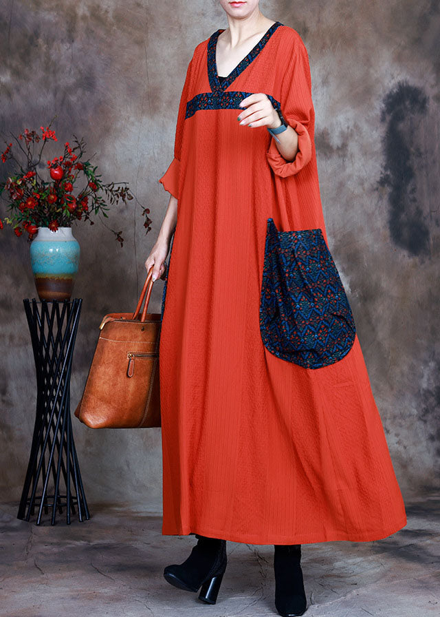 Orange V Neck Pockets Print Fall Long Sleeve Dresses
