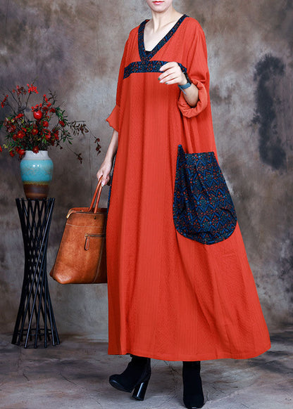 Orange V Neck Pockets Print Fall Long Sleeve Dresses