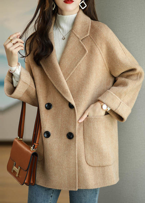 Pink Peter Pan Collar Double Breast Pockets Woolen Coat Winter