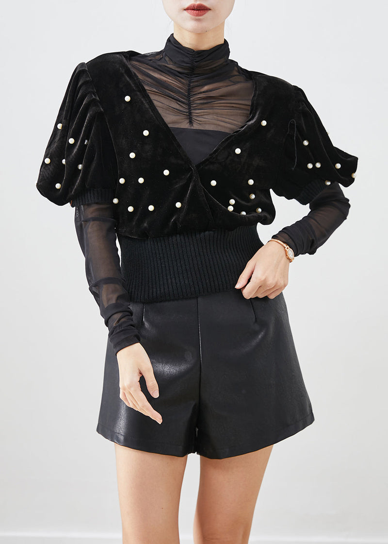 Black Nail Bead Silk Velour Vest and Shirt Two Piece Suit Set Fall