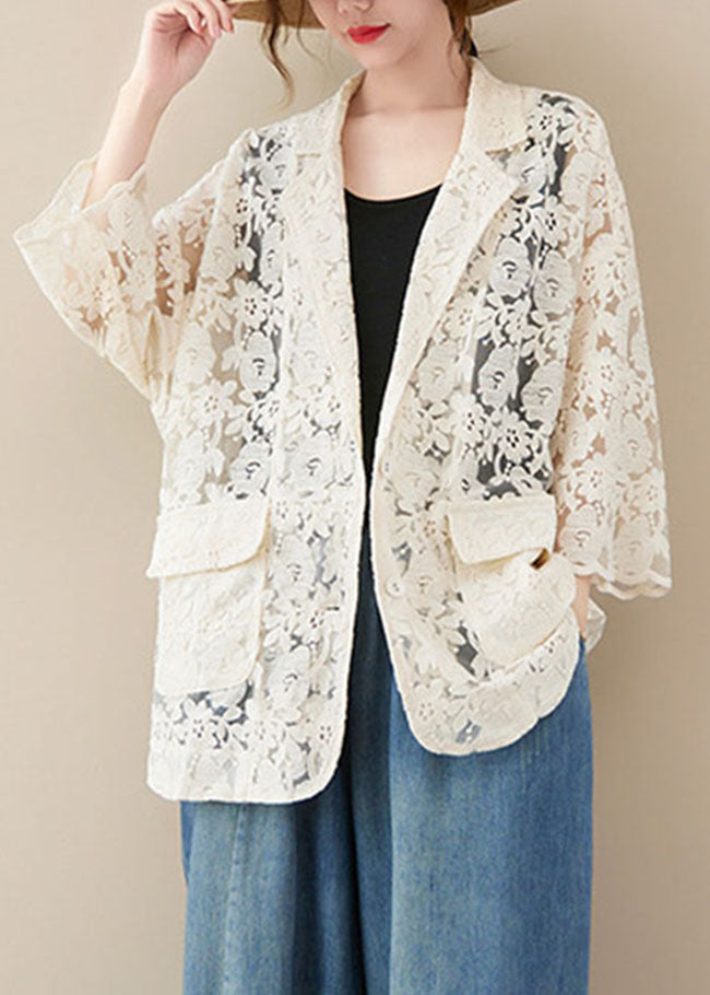 White Vacation Lace Coats Pocket Hollow Out Long Sleeve