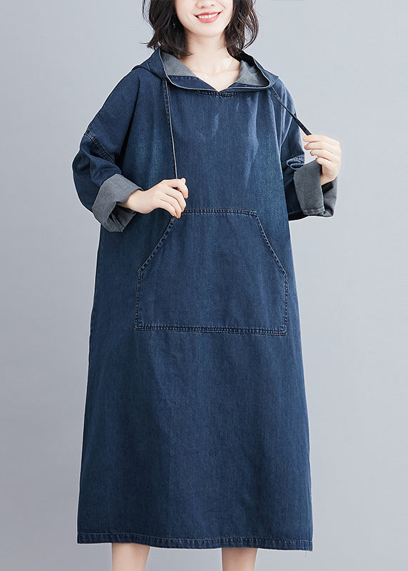 Denim Blue Hooded Pockets Denim Long Dress Spring