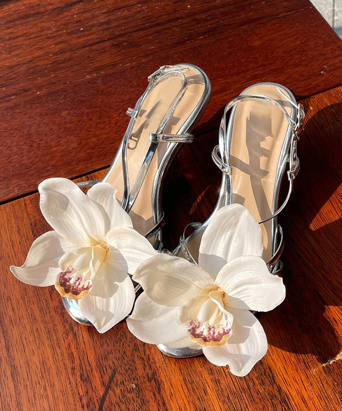 New Silver Flower Open Toed Buckle High Heeled Sandals