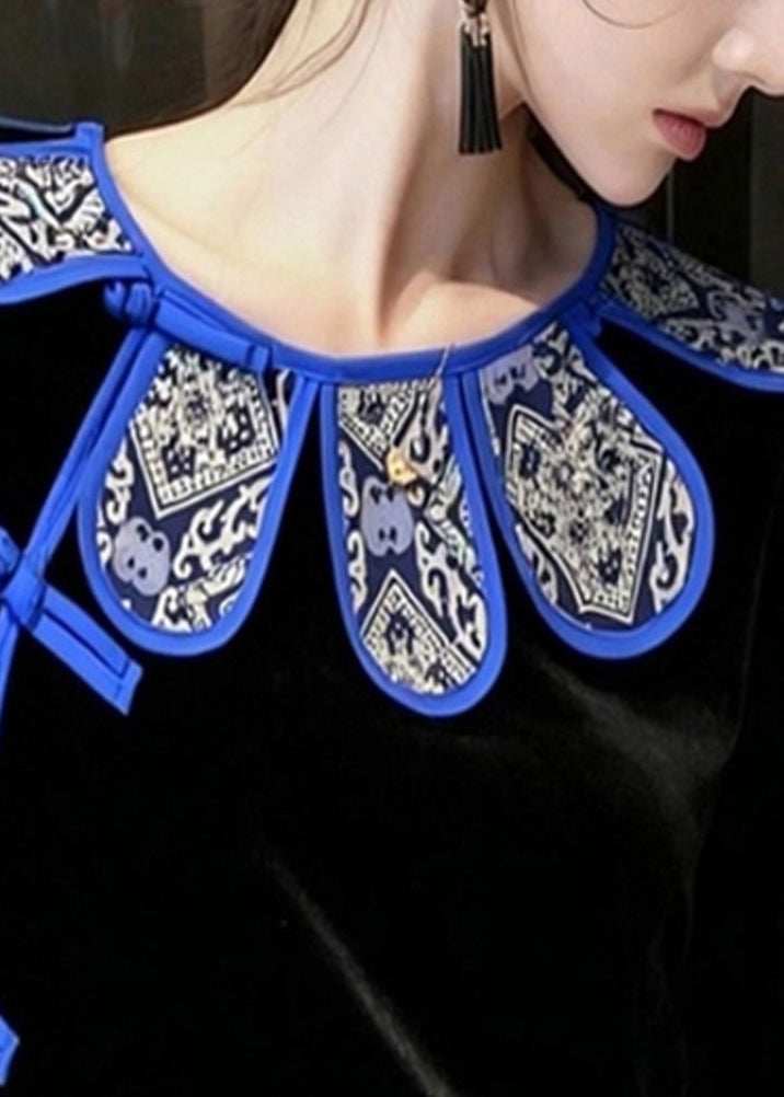 Black Chinese Button Silk Velour Oriental Shirts Spring