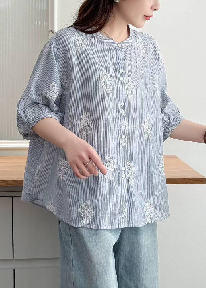 Blue Striped Cotton Loose Shirt Embroidered Summer