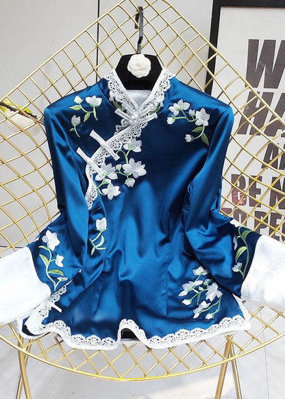 Blue Embroideried Stand Collar Patchwork Silk Tops Half Sleeve