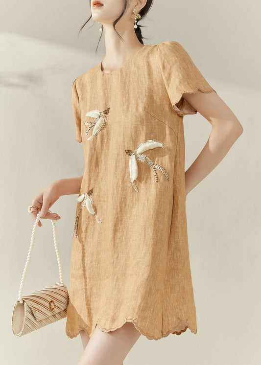 New Orange O-neck Embroidered Ruffled Mid Dress Summer