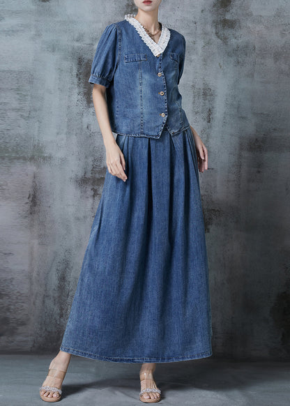 Blue V Neck Patchwork Denim Two Pieces Set Fall